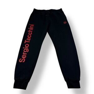 Sergio Tacchini Black Jogger Sweatpants Mens Size L Red Logo‎ Print Athleisure